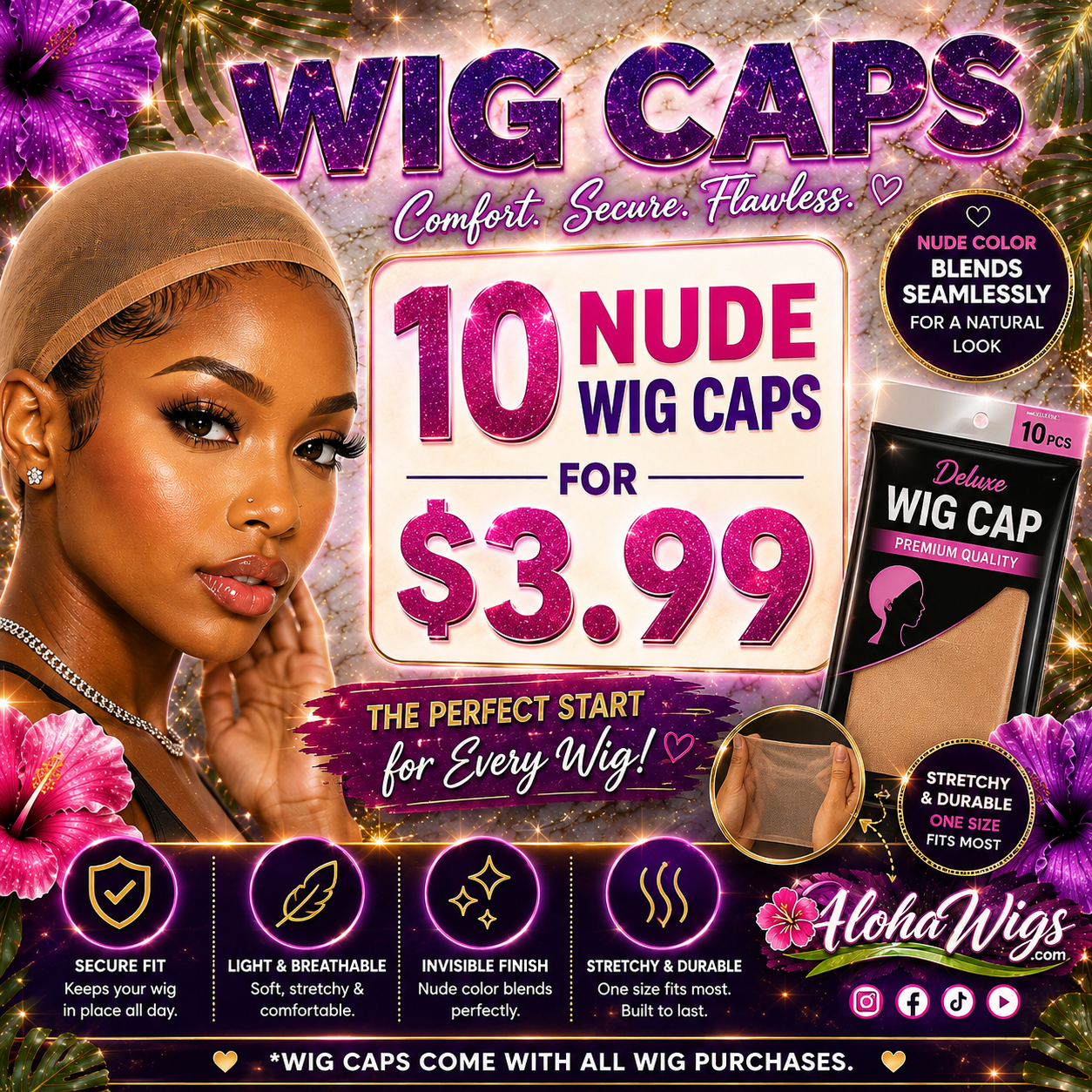 (10) Aloha wigs Nude Wig Cap Bundle